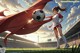 A woman in a red cape holding a soccer ball.